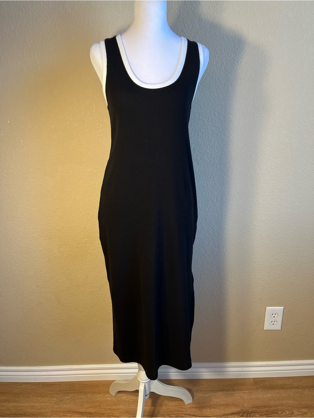 LOFT Petite Black Ribbed Tank Midi Dress With White Trim